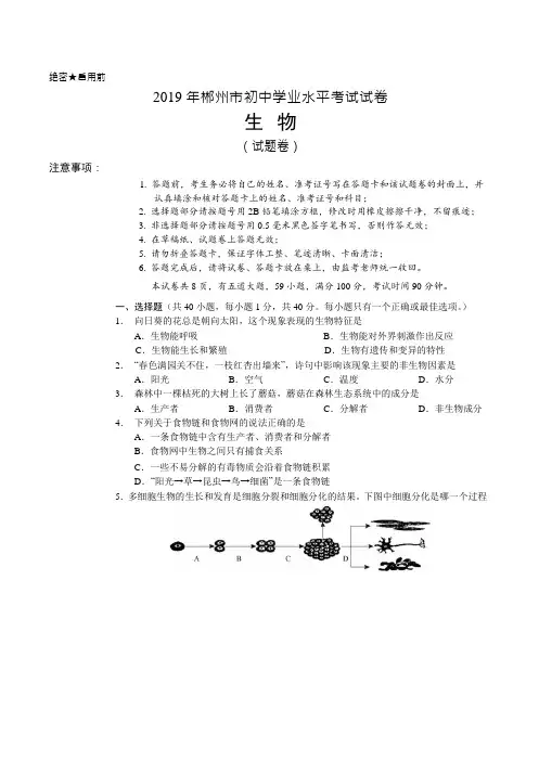 湖南省郴州市2019年中考生物试题(Word版,无答案)