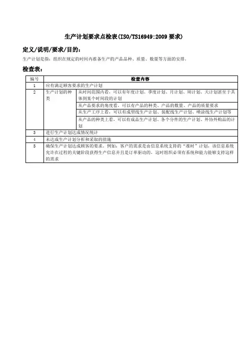 生产计划要求点检表(TS16949要求)