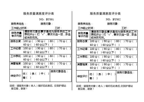 服务质量满意度评分表
