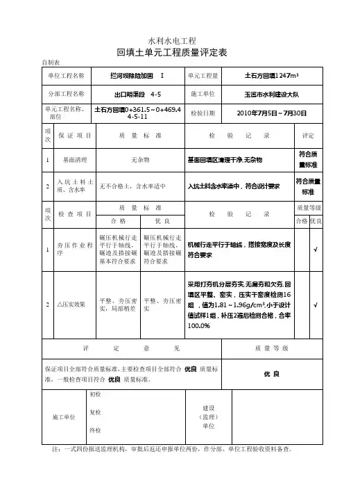 回填土单元工程质量评定表