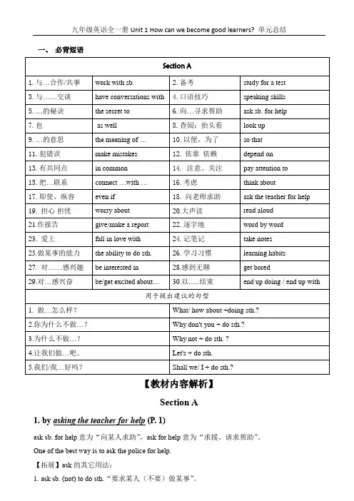 人教版九年级英语Unit 1 How can we become good learners?短语、语法知识汇总。