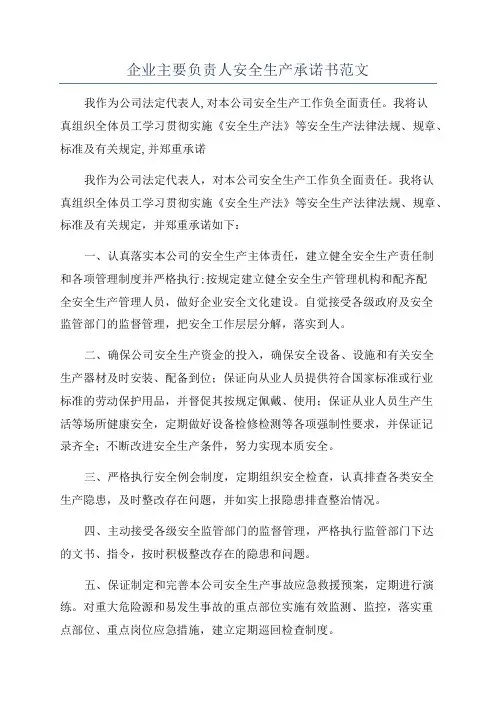 企业主要负责人安全生产承诺书范文