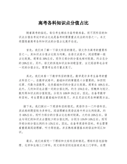 高考各科知识点分值占比