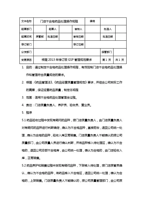 门店不合格药品处理操作规程