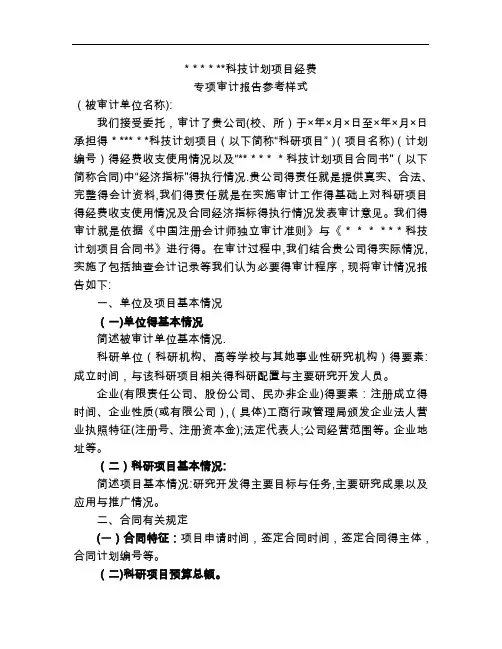 科技计划项目经费专项审计报告格式