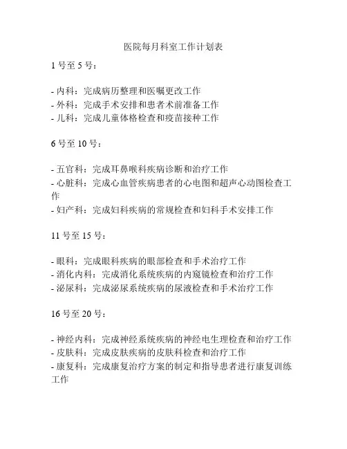 医院每月科室工作计划表