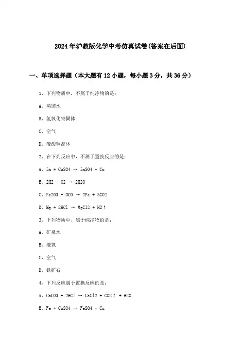 沪教版化学中考试卷及解答参考(2024年)