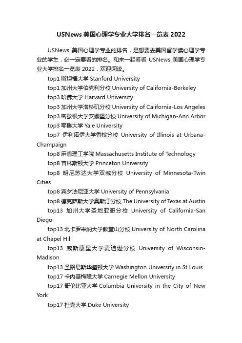 USNews美国心理学专业大学排名一览表2022