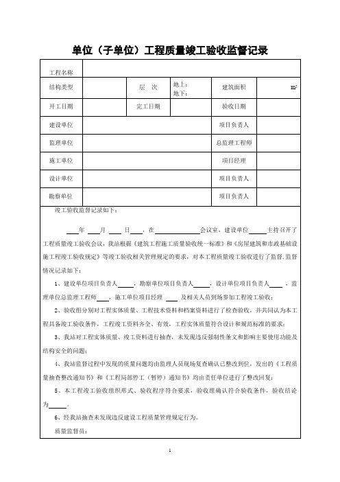单位(子单位)工程质量竣工验收监督记录