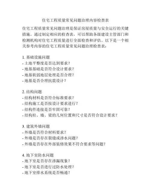 住宅工程质量常见问题治理内容检查表