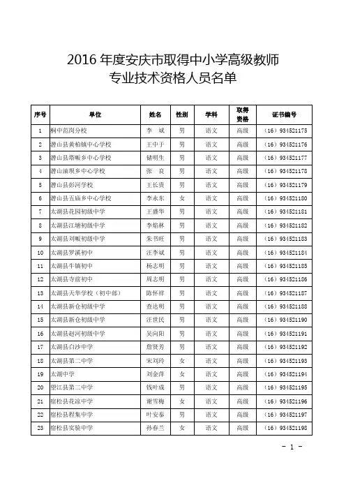 2016安庆取得中小学高级教师