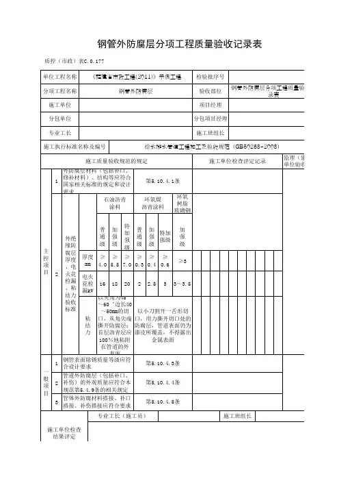 钢管外防腐层分项工程质量验收记录表