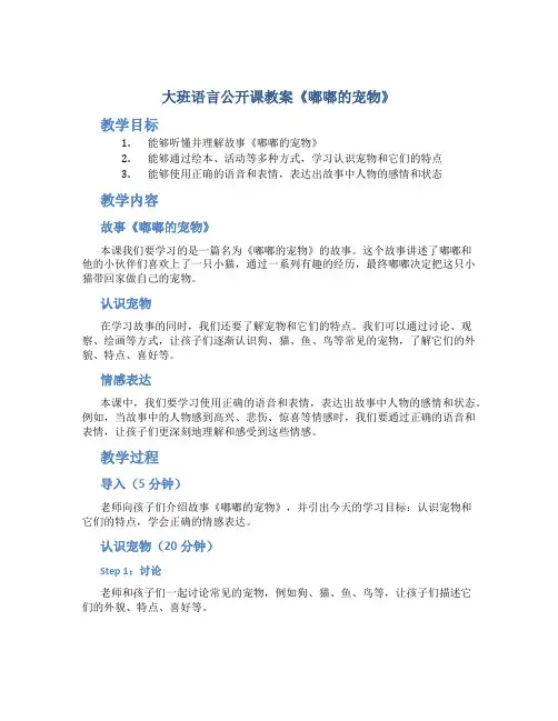 大班语言公开课教案《嘟嘟的宠物》
