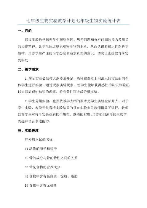 七年级生物实验教学计划七年级生物实验统计表