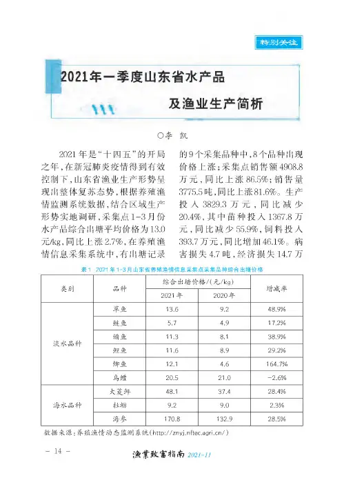 2021年一季度山东省水产品及渔业生产简析