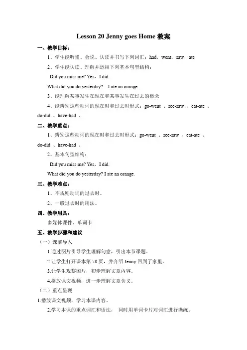 冀教版英语五年级下册 Lesson 20 Jenny goes Home 教案