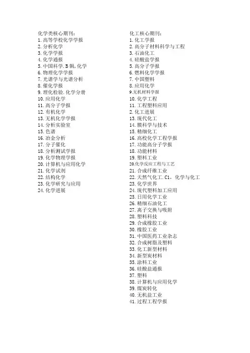 化学及化工类中文核心期刊