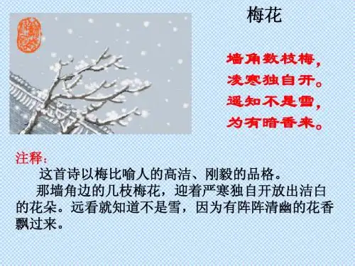 梅花 墙角数枝梅, 凌寒独自开。 遥知不是雪, 为有暗香来