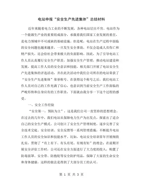 电站申报“安全生产先进集体”总结材料