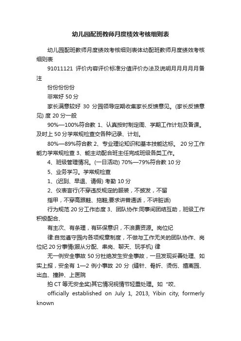 幼儿园配班教师月度绩效考核细则表