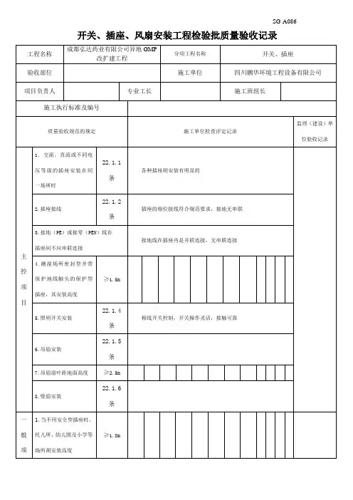 开关插座风扇安装工程检验批质量验收记录