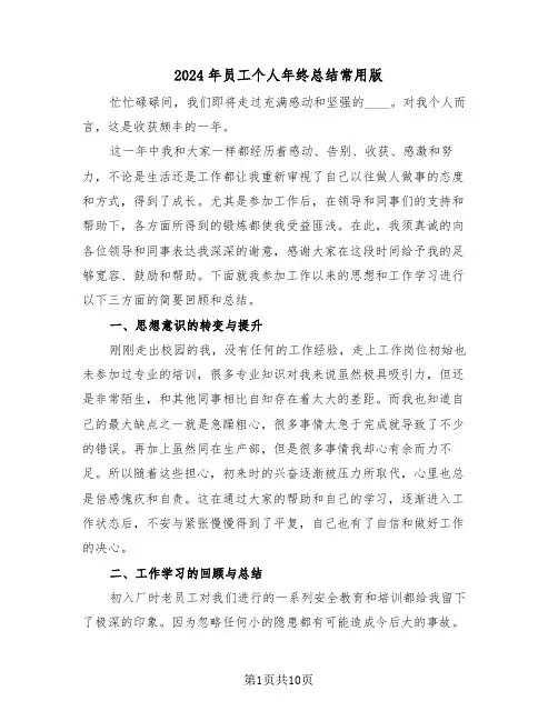 2024年员工个人年终总结常用版(五篇)