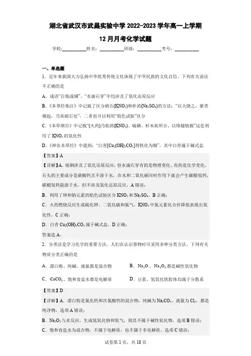 2022-2023学年湖北省武汉市武昌实验中学高一上学期12月月考化学试题(解析版)
