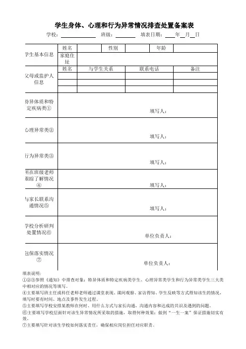 学生身体、心理和行为异常情况排查处置备案表
