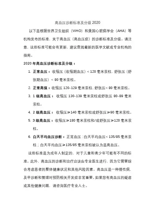 高血压诊断标准及分级2020
