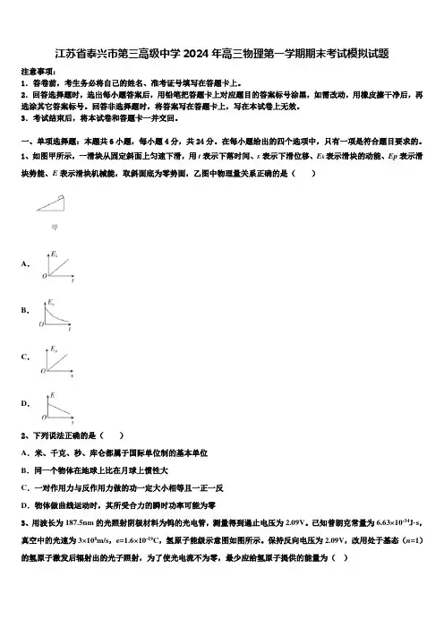 江苏省泰兴市第三高级中学2024年高三物理第一学期期末考试模拟试题含解析