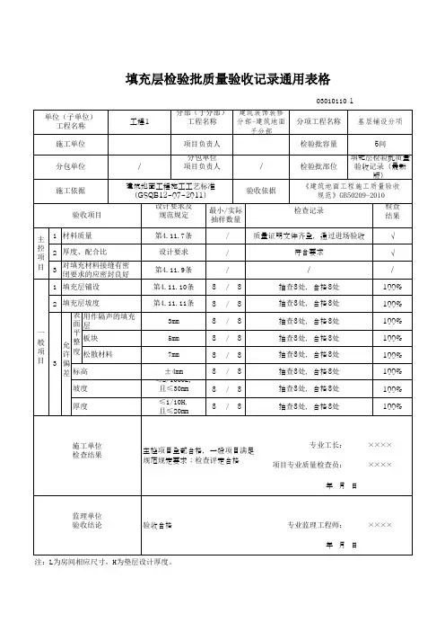 填充层检验批质量验收记录通用表格