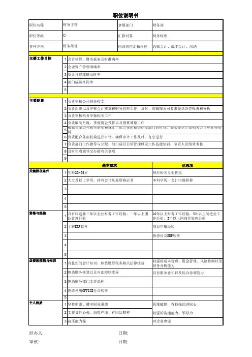 财务主管JD职位说明书