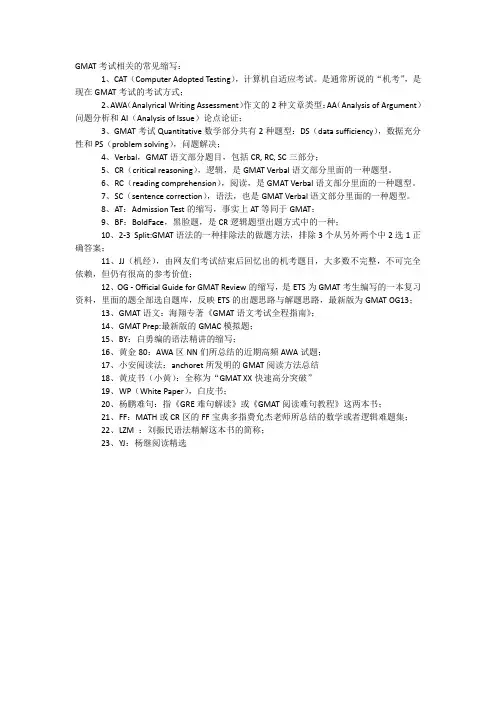 GMAT考试相关的常见缩写