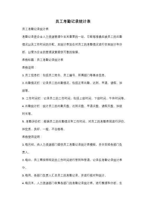 员工考勤记录统计表