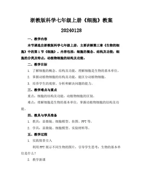 浙教版科学七年级上册《细胞》教案20240128(1)