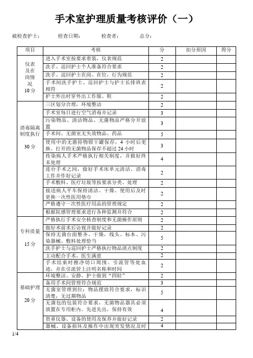 手术室工作质量考核评分标准