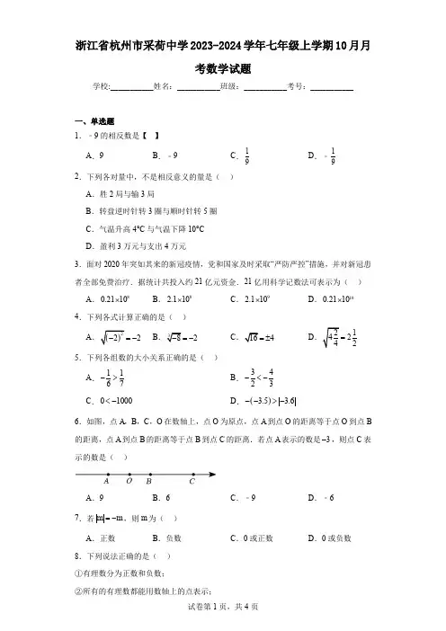 浙江省杭州市采荷中学2023-2024学年七年级上学期10月月考数学试题