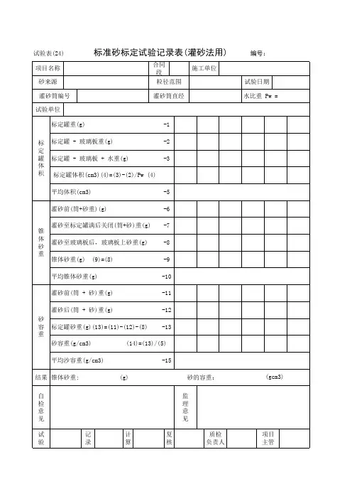 标准砂标定试验记录表(灌砂法用)