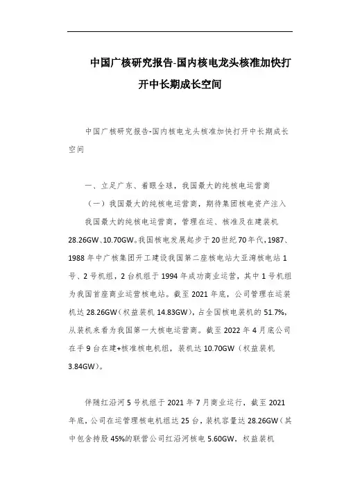 中国广核研究报告-国内核电龙头核准加快打开中长期成长空间