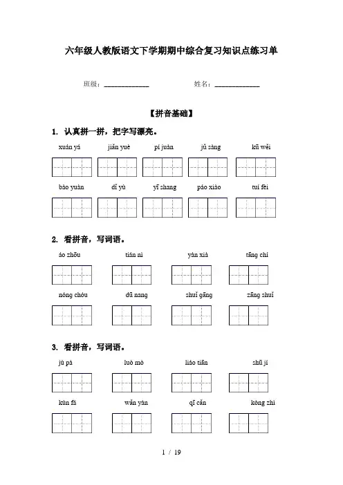 六年级人教版语文下学期期中综合复习知识点练习单