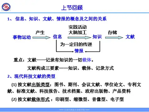 重点：文献——记录有知识的一切载体。文献构成三要素——