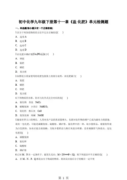 人教版初中化学九年级下册第十一章《盐 化肥》单元检测题(解析版)