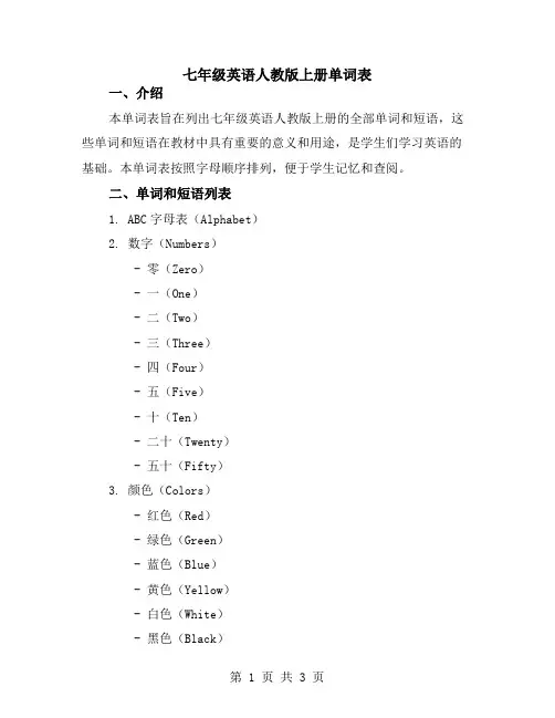 七年级英语人教版上册单词表