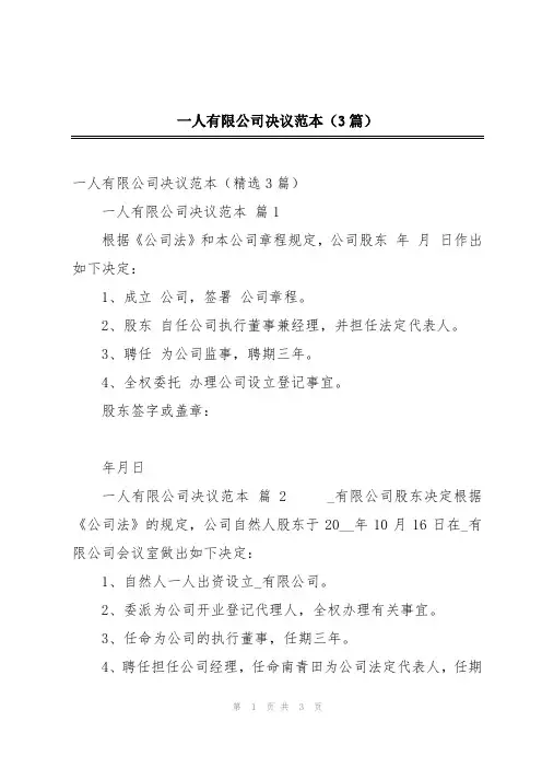 一人有限公司决议范本(3篇)