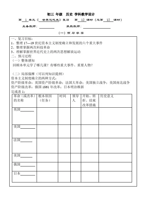 人教版九年级世界近代史复习备课
