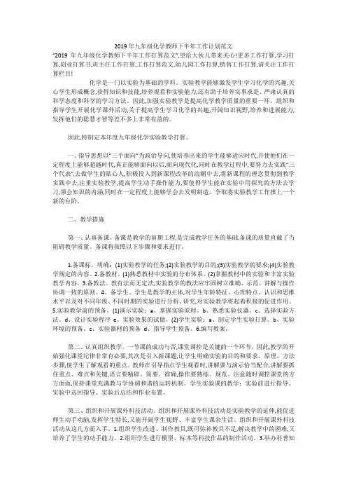 2019年九年级化学教师下半年工作计划范文
