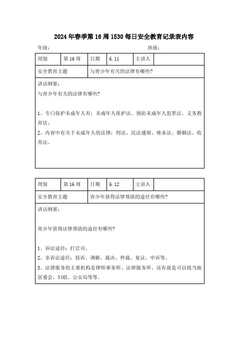 2024年春季第16周1530每日安全教育记录表内容