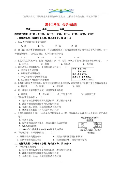 新人教版九年级化学下册第十二单元化学与生活综合检测题及答案.doc