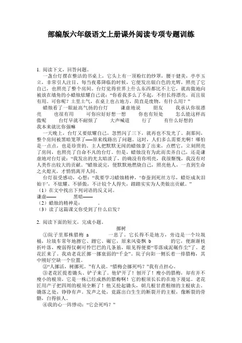 部编版六年级语文上册课外阅读专项专题训练