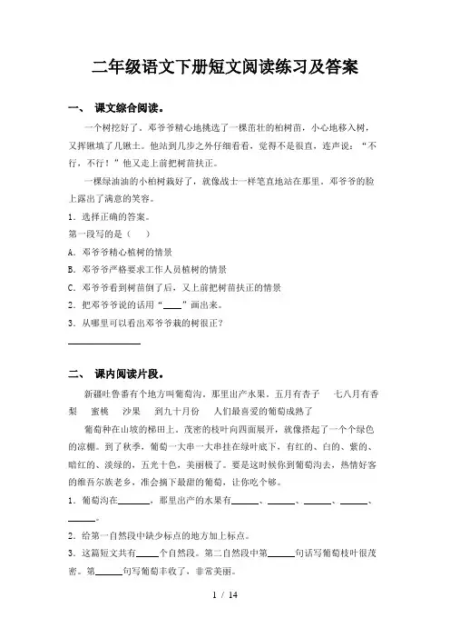 二年级语文下册短文阅读练习及答案